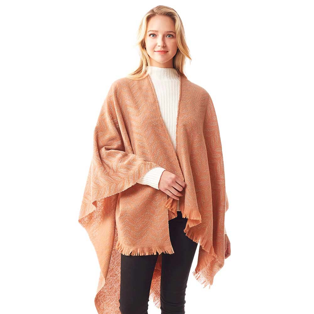 Leaf patterned poncho shawl wrap, coral, open drape with fringed hem