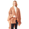 Leaf patterned poncho shawl wrap, coral, open drape with fringed hem