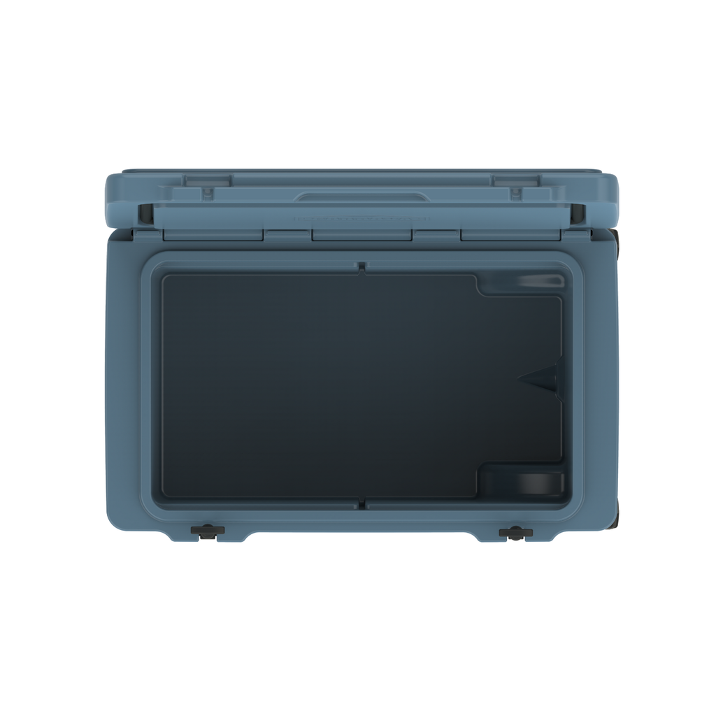 125 qt wheeled cooler open lid showing interior storage area and latch points; blue-gray