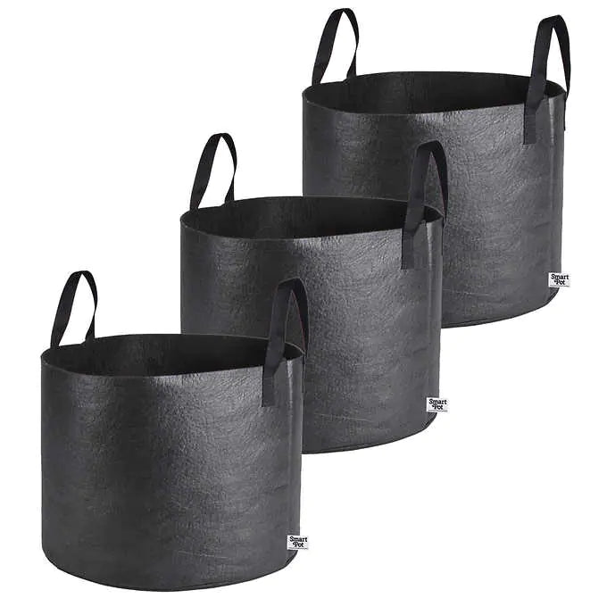 Set of three black fabric planter bags with carrying handles