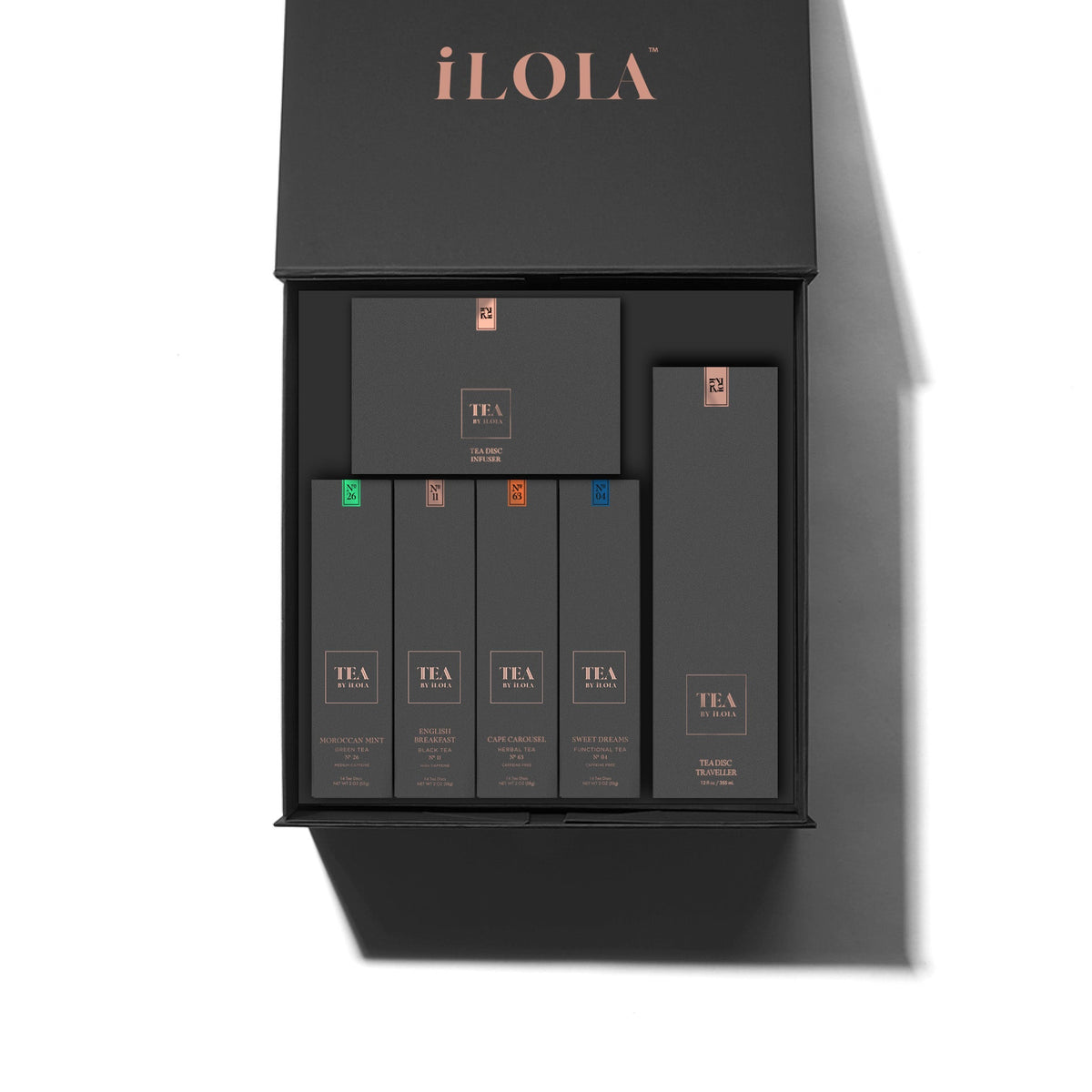 iLOLA tea gift set with four slim tea boxes and two larger boxes in an open box