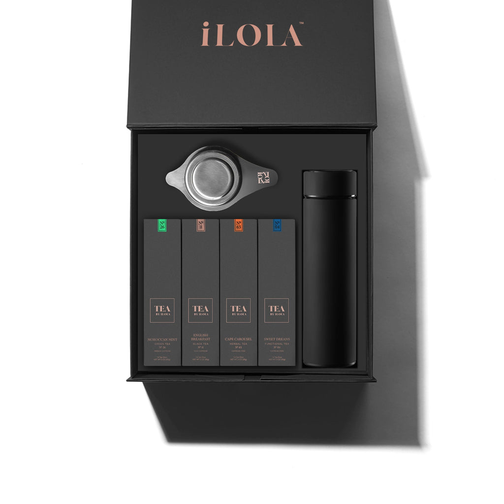 iLOLA loose leaf tea gift set with four tea boxes, infuser, and black travel tin