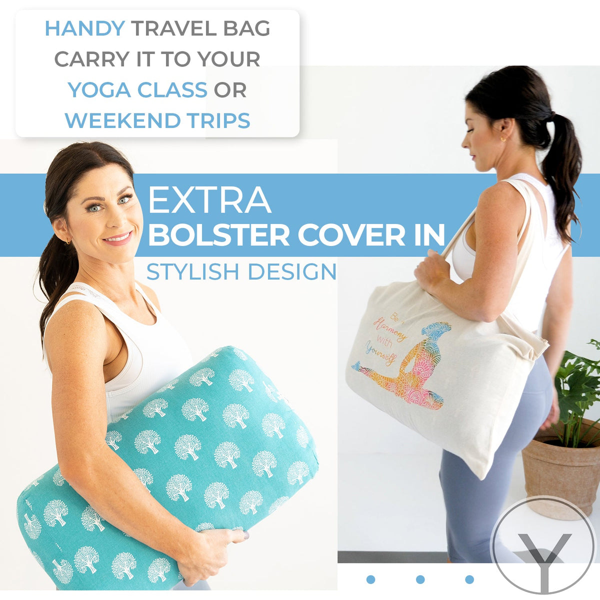 Teal elephant-pattern yoga bolster with carry tote bag and extra cover for travel