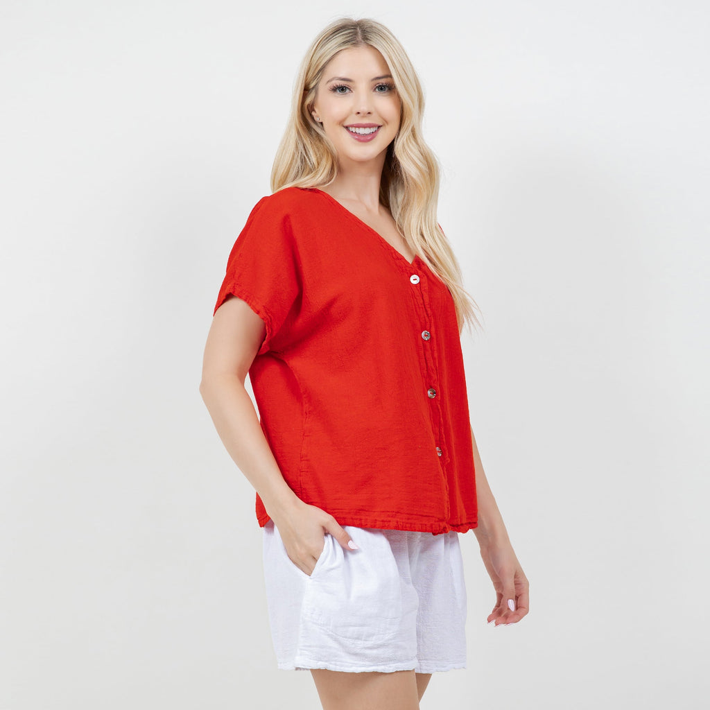 Red cotton gauze top with V-neck and button-front, short flutter sleeves
