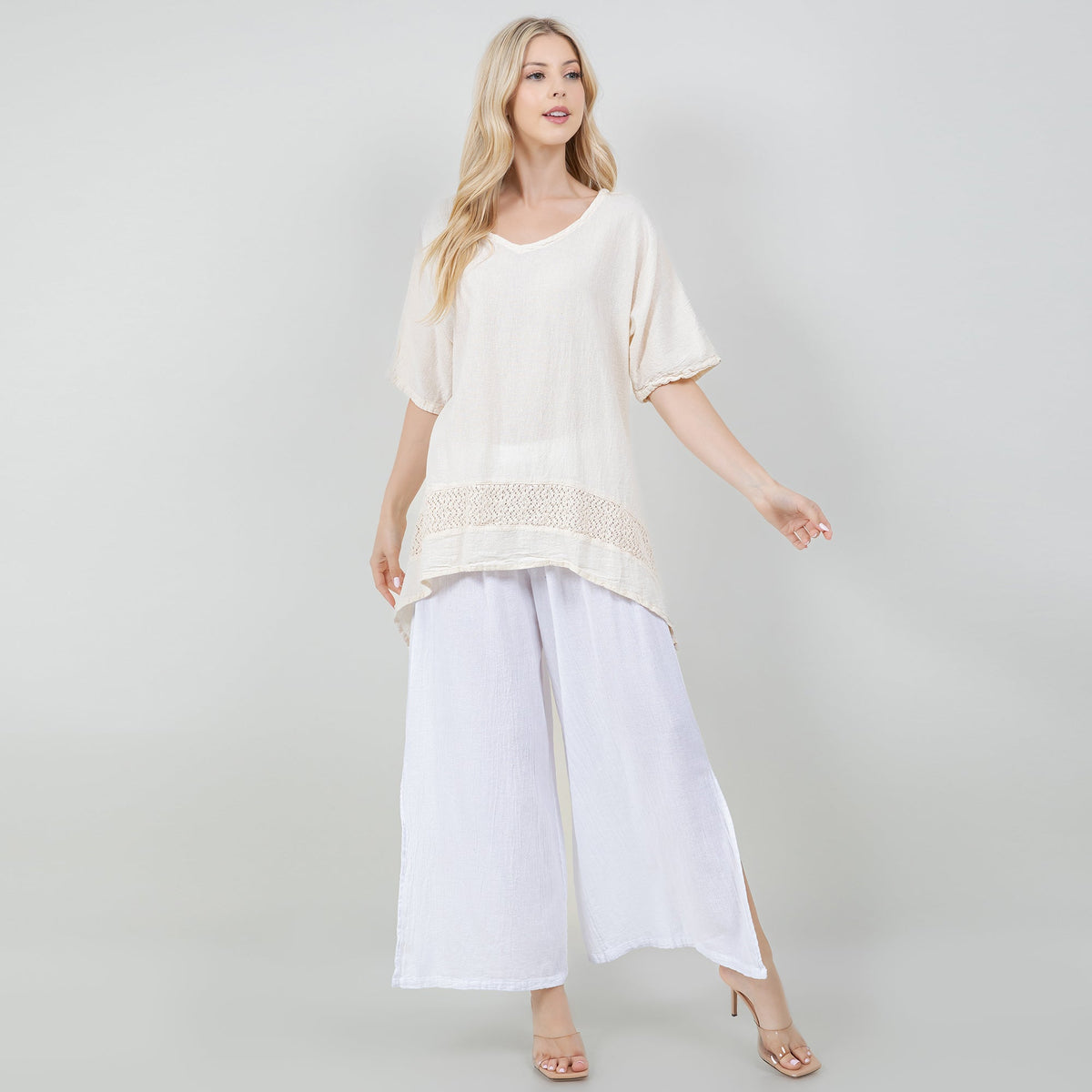 White cotton gauze Cynthia top with scoop neck and embroidered band at the hem