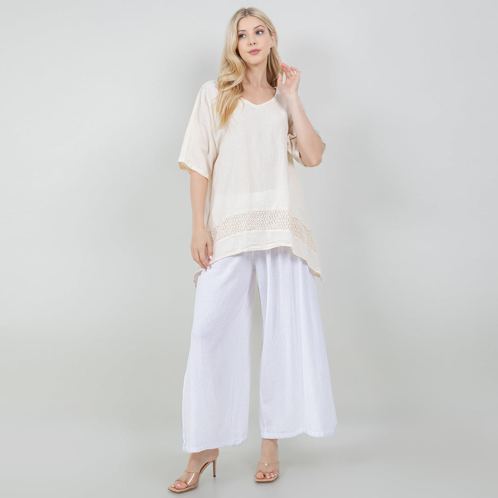 White cotton gauze Cynthia top with scoop neck and embroidered hem detail