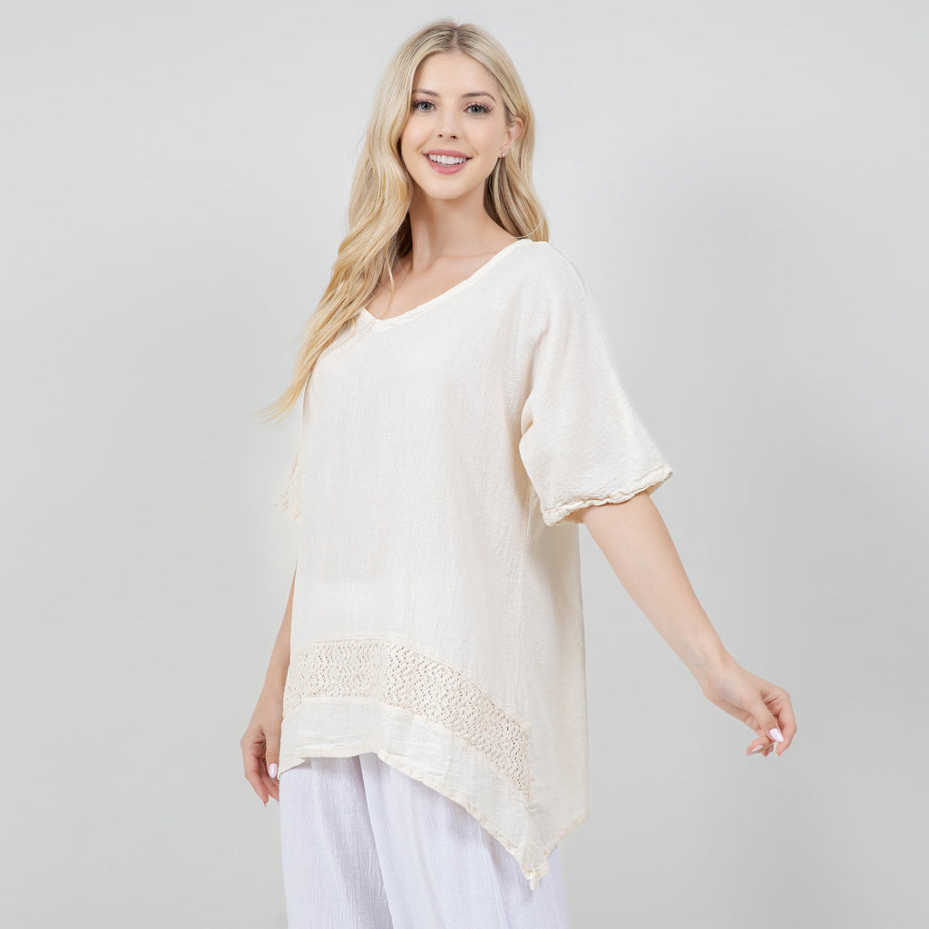 Ivory cotton gauze Cynthia top with scoop neck and textured embroidered hem band