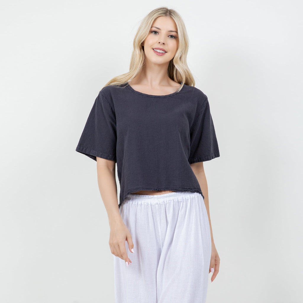 Women's gauze Heidi top, dark navy, relaxed fit, crew neckline, short sleeves