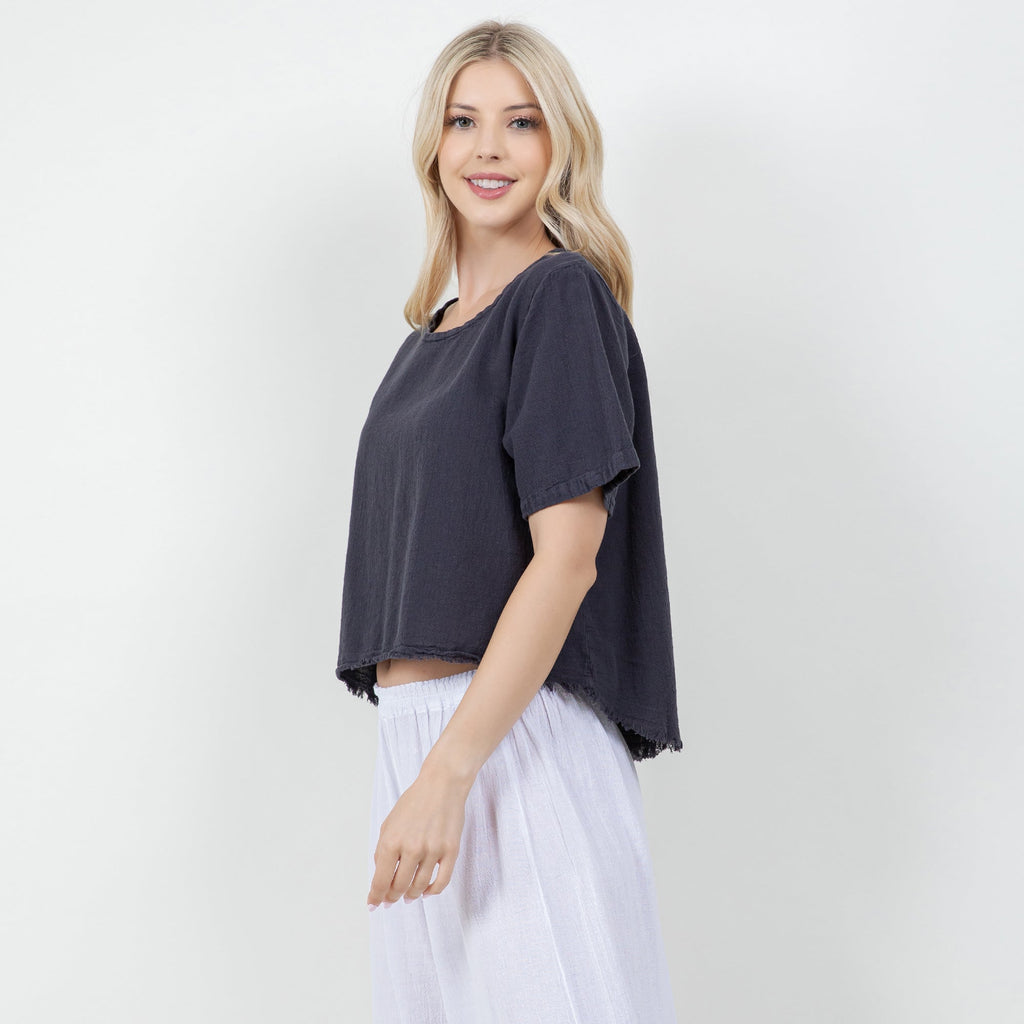 Women's gauze Heidi top, dark navy, side view, raw hem, short sleeves