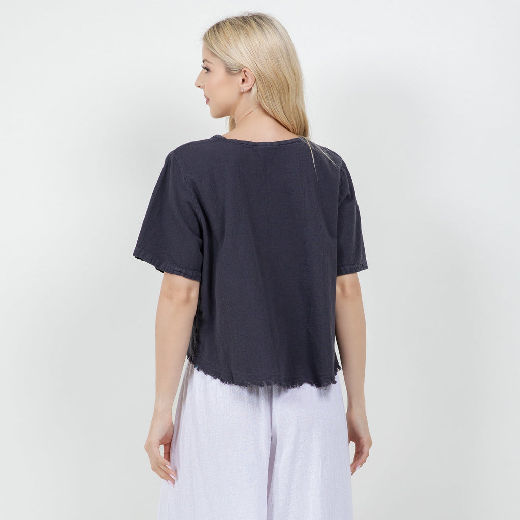 Women's gauze Heidi top, dark navy, back view, short sleeves and raw hem
