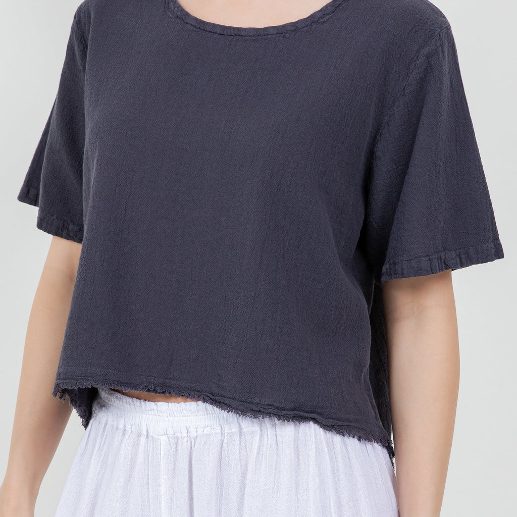 Women's gauze Heidi top, dark navy, raw-edged hem, short sleeves