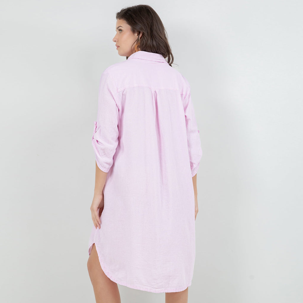 Women’s cotton gauze tunic in light pink, button-front back view, long tunic length.
