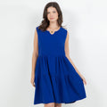 Blue cotton gauze tiered sleeveless dress with keyhole neckline