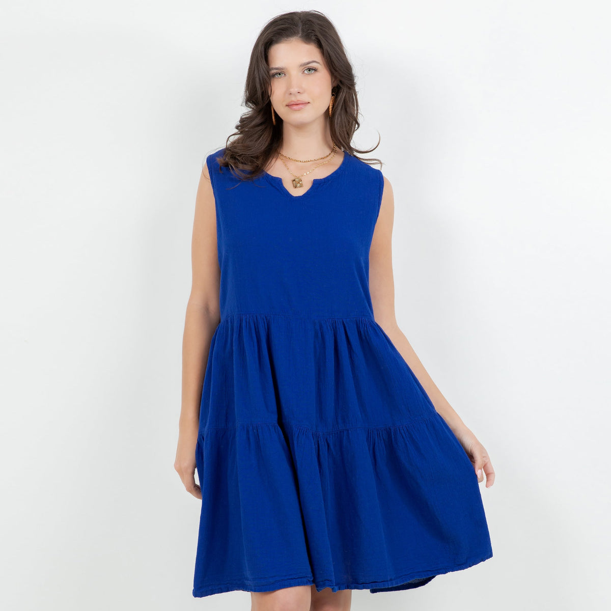 Blue cotton gauze tiered sleeveless dress with keyhole neckline