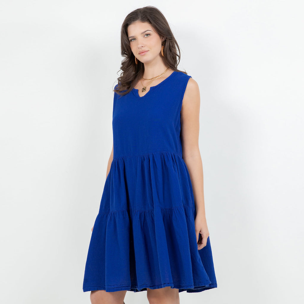 Blue cotton gauze tiered sleeveless dress with layered skirt