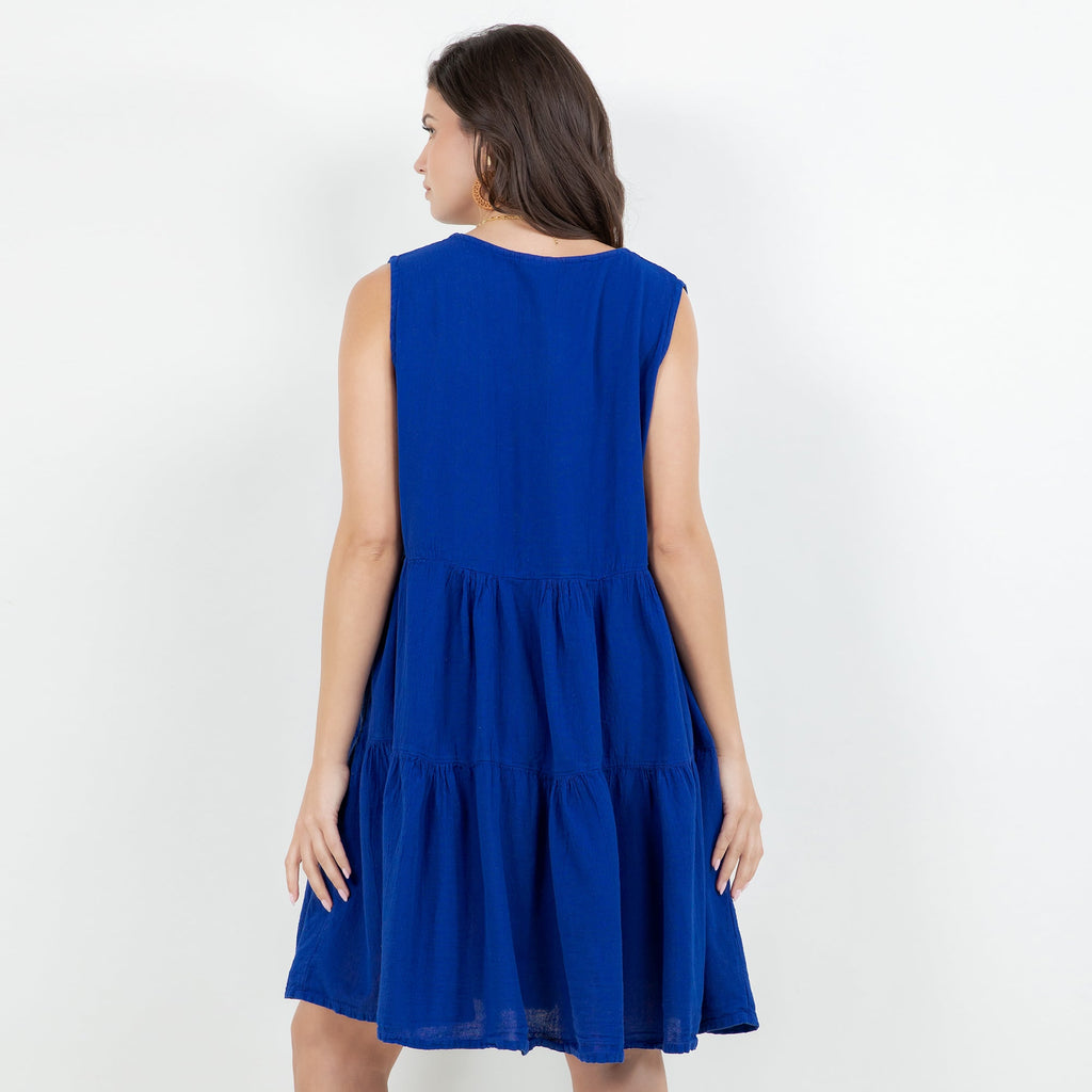 Blue cotton gauze tiered sleeveless dress, back view