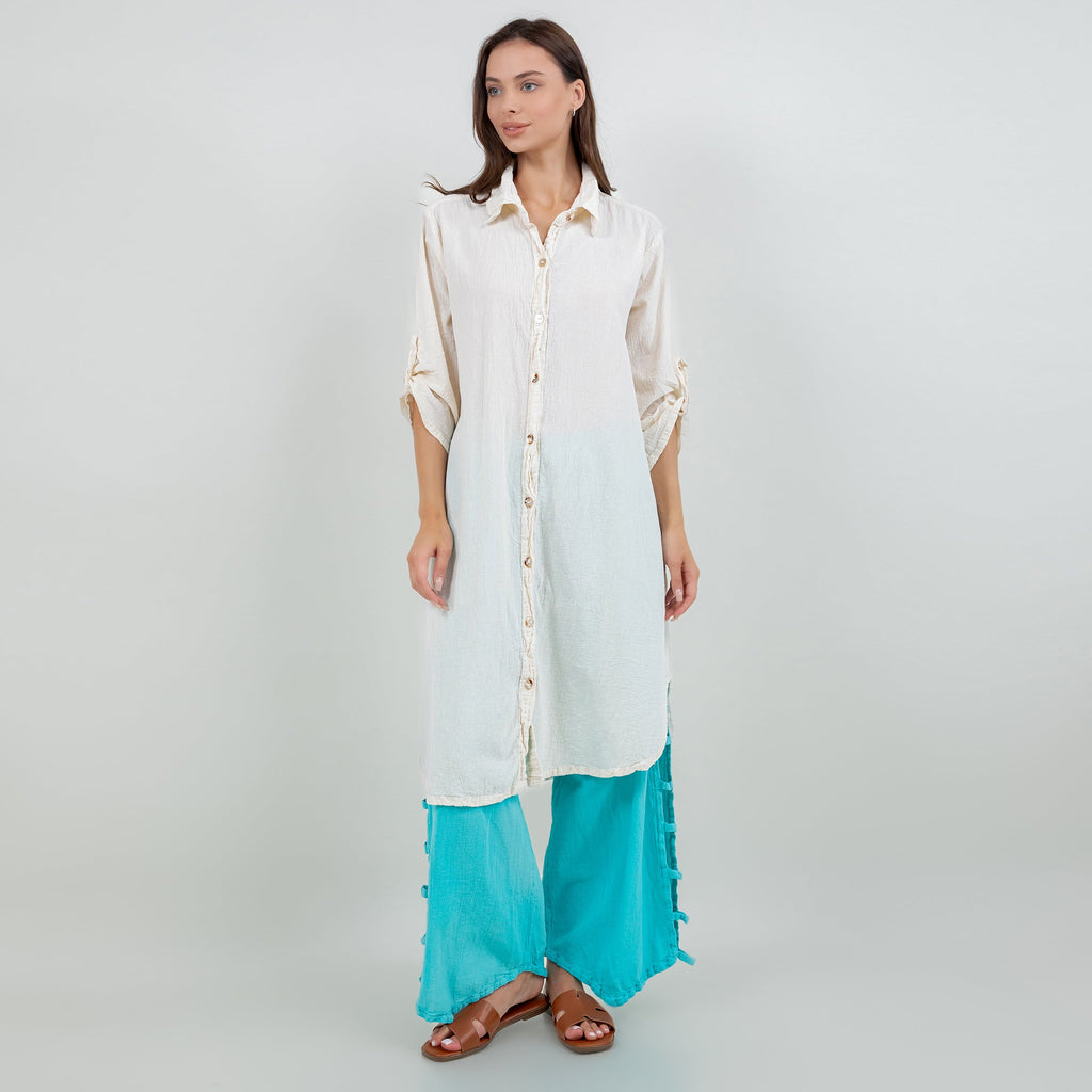 Women’s cotton gauze tunic in white, collared button-front, 3/4 sleeves, side slits.