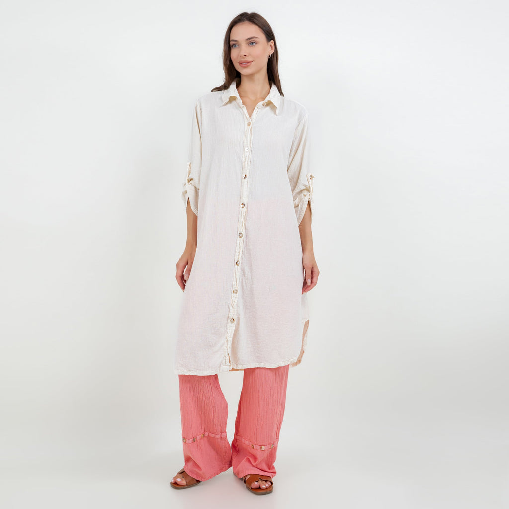 Ivory cotton gauze tunic with collar and button-front, elbow sleeves with ties