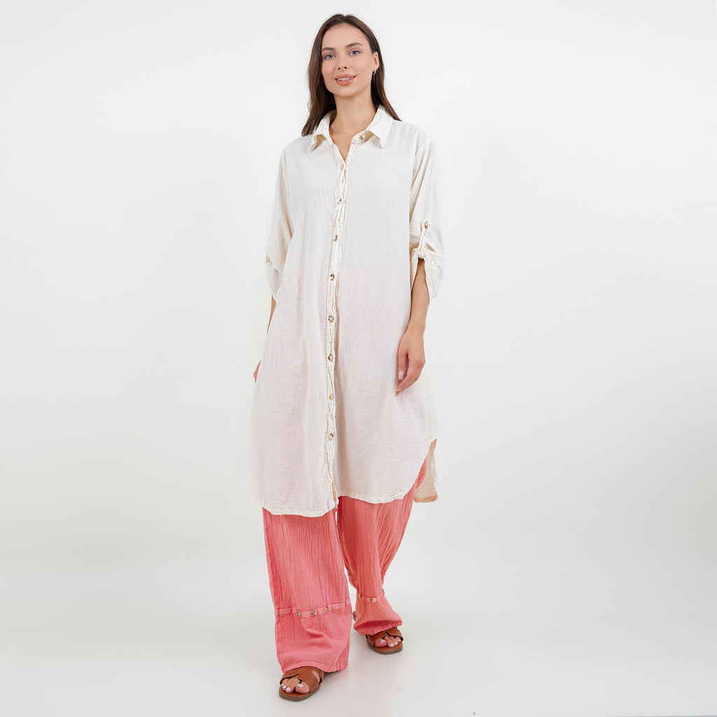 Ivory cotton gauze tunic with collar, button-front placket, and side-slit hem