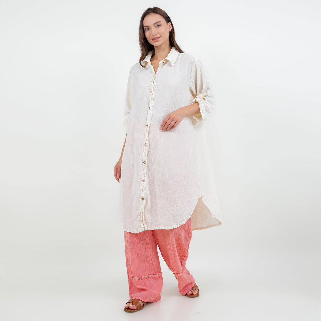 Ivory cotton gauze tunic with collar and button-front, sleeve ties and side slits