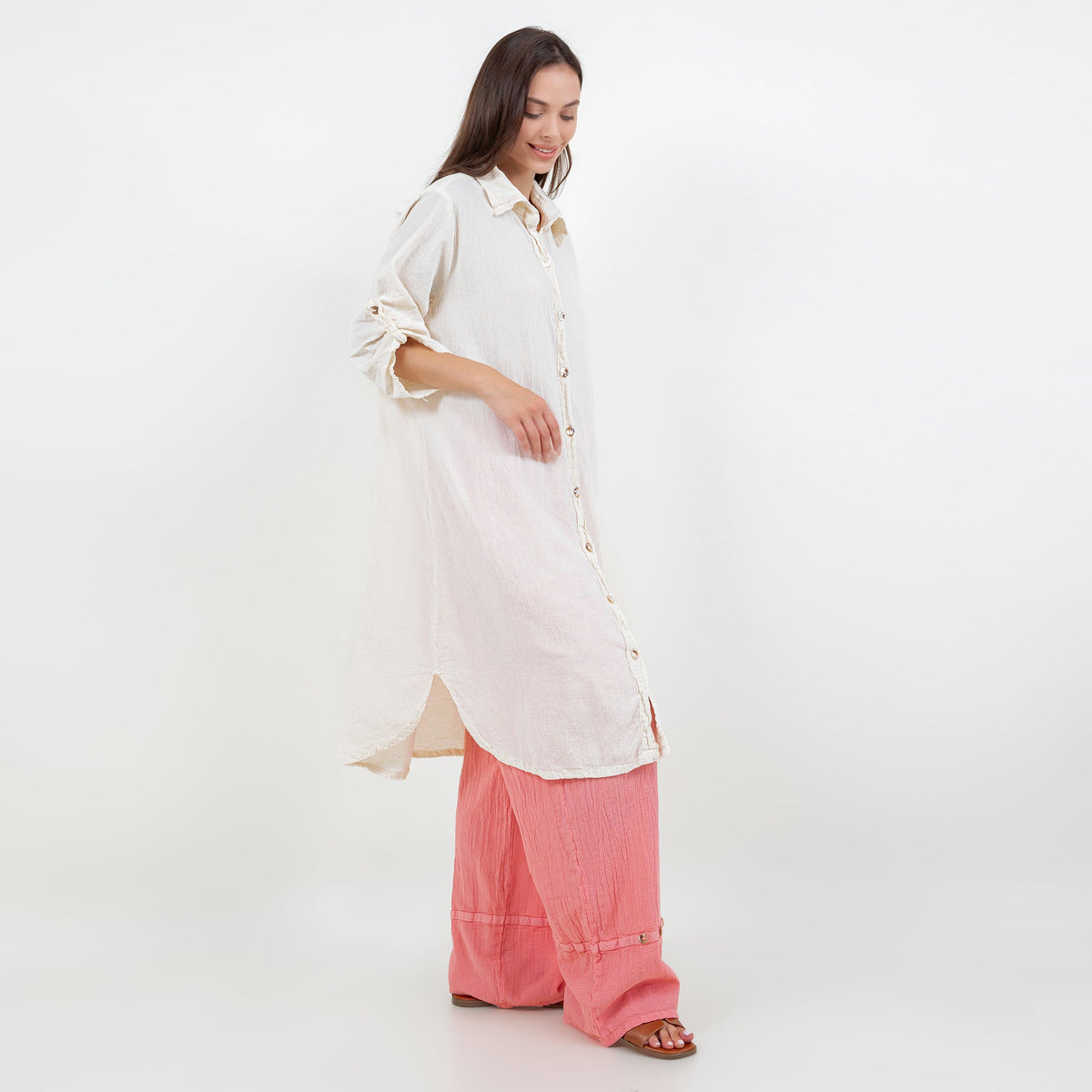 Women’s cotton gauze tunic in white, button-front, elbow-length sleeves, side slit hem.