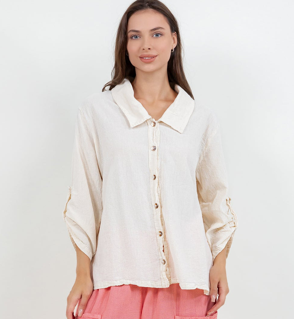 White cotton gauze button-up shirt with point collar and front button placket