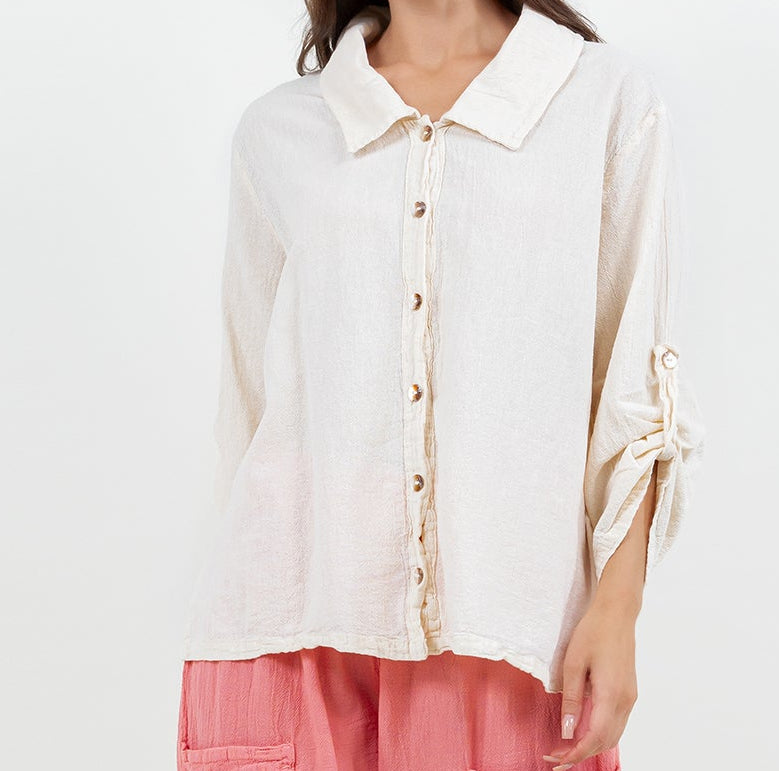 Cotton gauze button-up shirt, ivory, collared neckline with button front