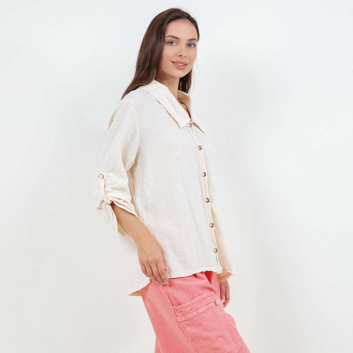 Cotton gauze button-up shirt, ivory, button front with cuffed tie sleeves