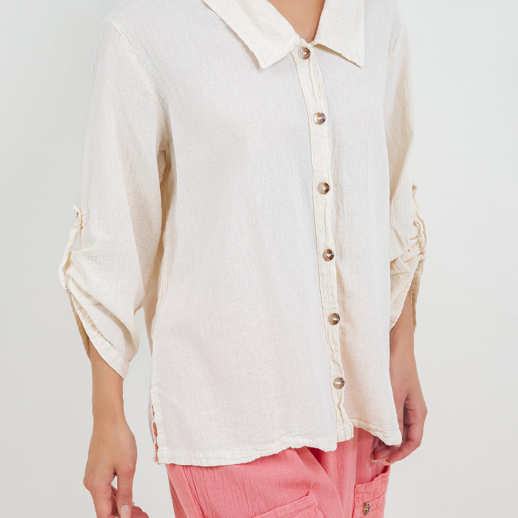 Cotton gauze button-up shirt, ivory, half sleeves with gathered tie details
