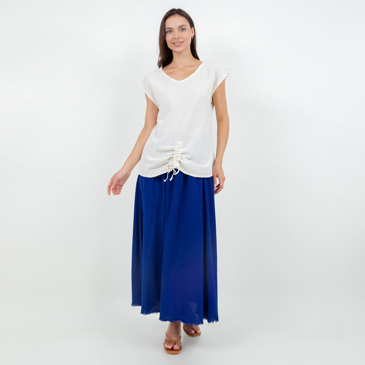 Blue cotton gauze midi skirt with elastic waistband and frayed hem