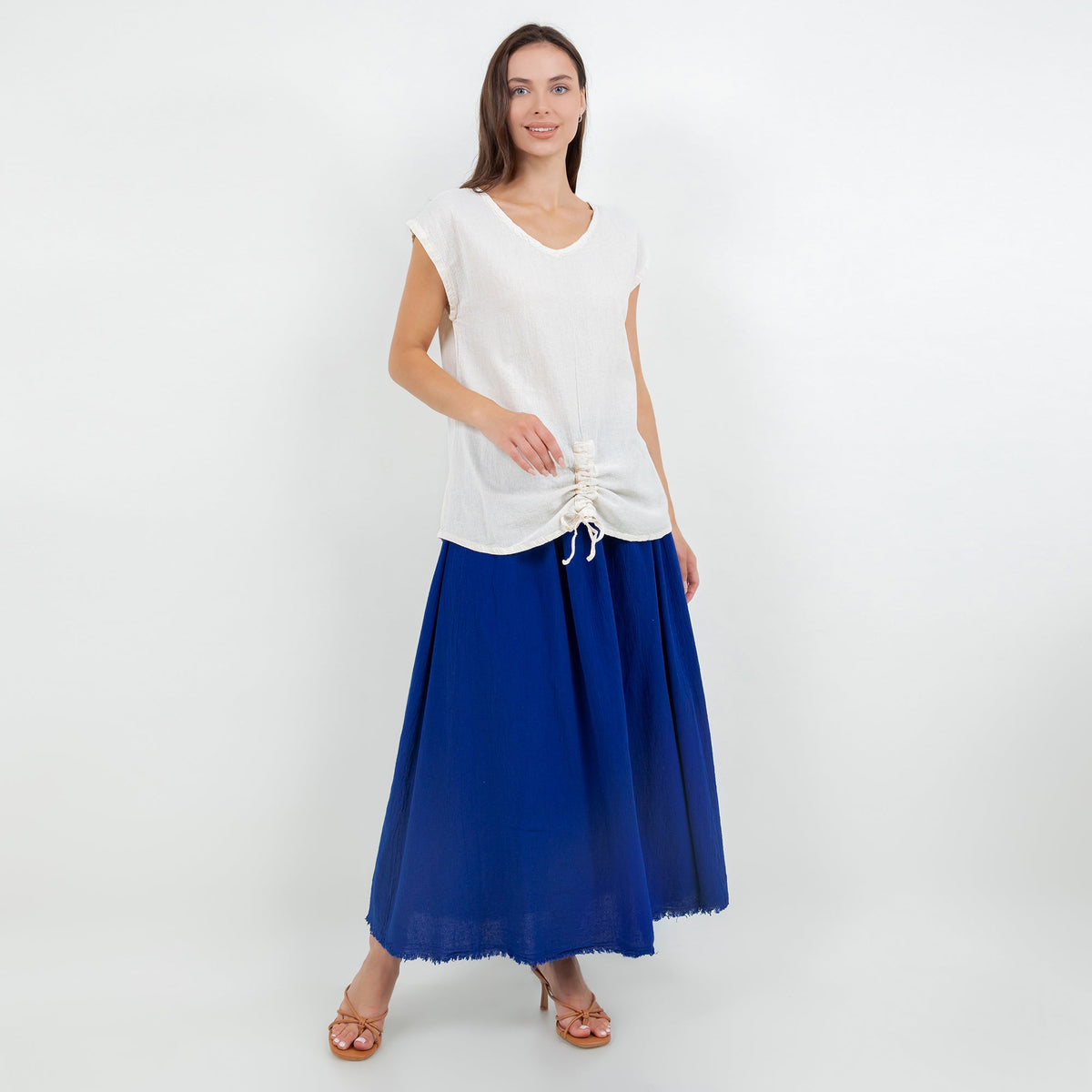 White cotton gauze camie top with scoop neck and short sleeves, front tie at hem.