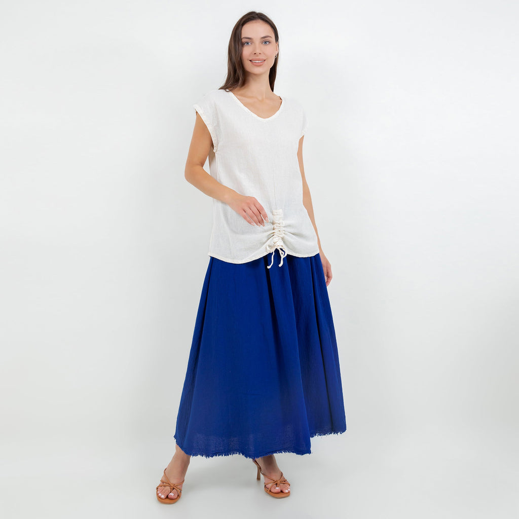 Blue cotton gauze midi skirt with elastic waistband and frayed hem