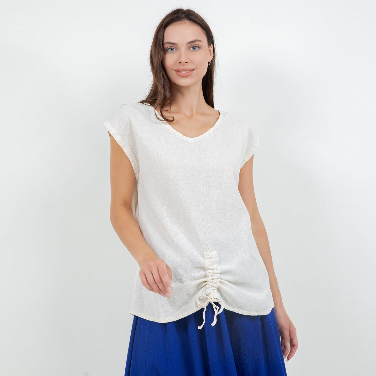 White cotton gauze camie top with scoop neck, short sleeves, and gathered front tie.