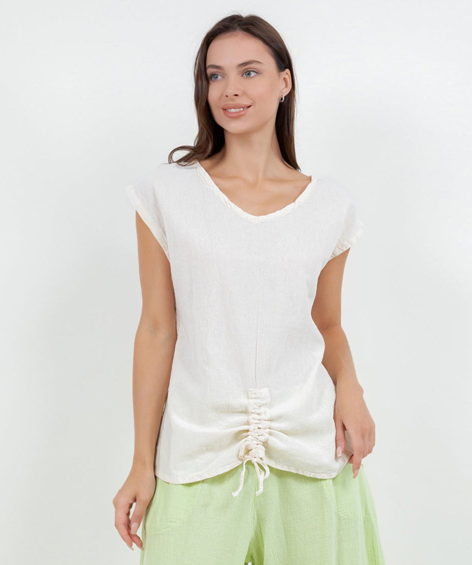 White cotton gauze Camie top with V-neck and short sleeves, drawstring hem