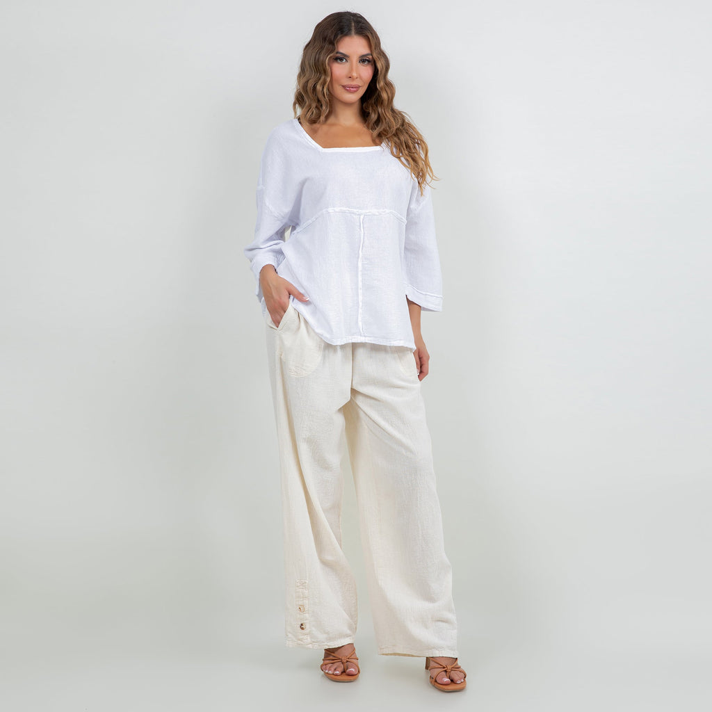White cotton gauze peasant top with square neckline and gathered front panel detail