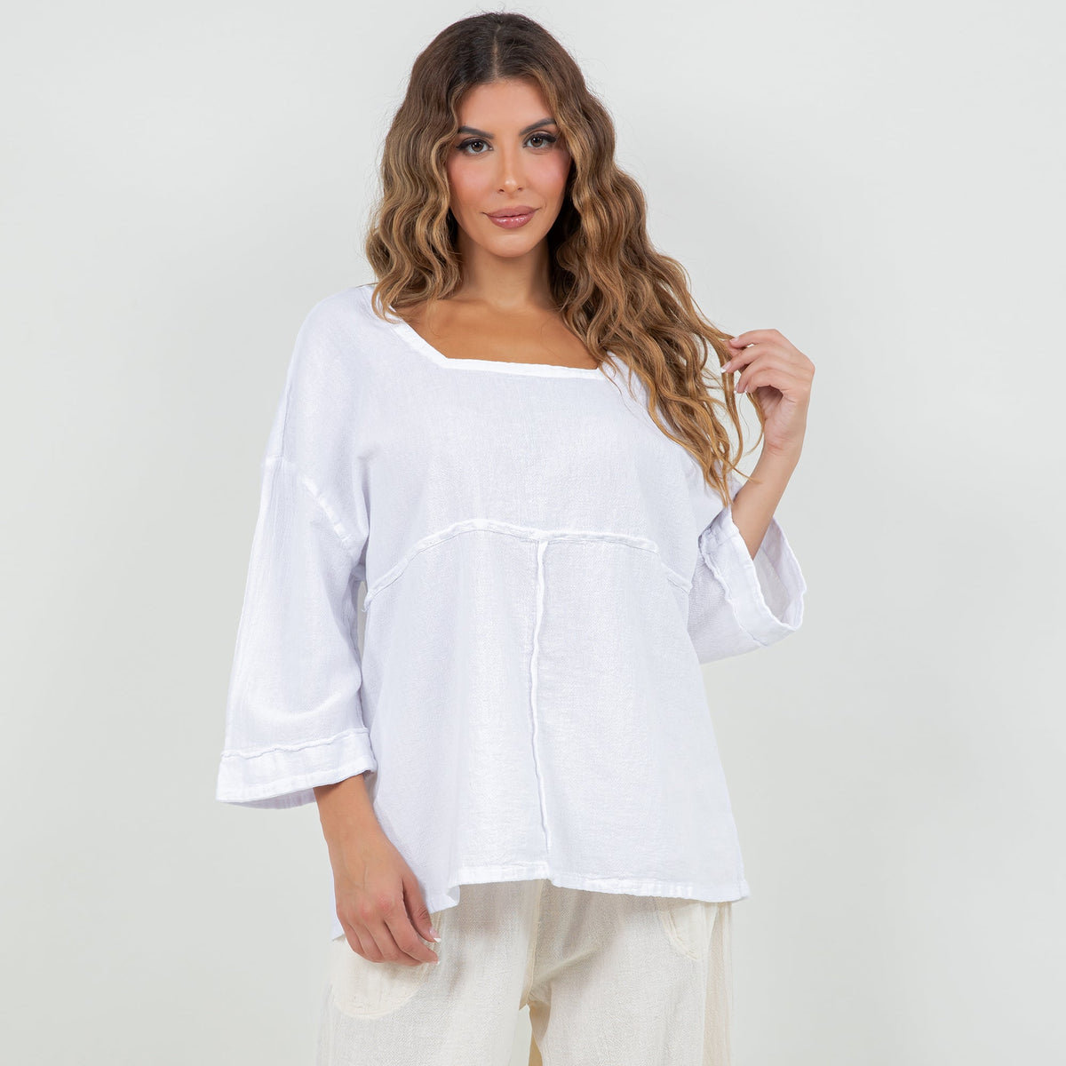 White cotton gauze peasant top with square neckline and loose fit, 3/4 sleeves