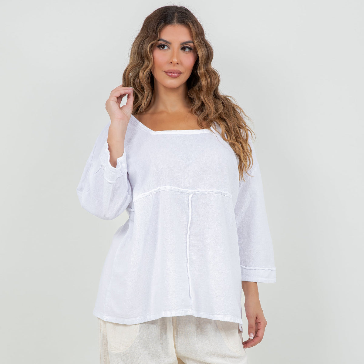 White cotton gauze peasant top with square neckline and 3/4 sleeves