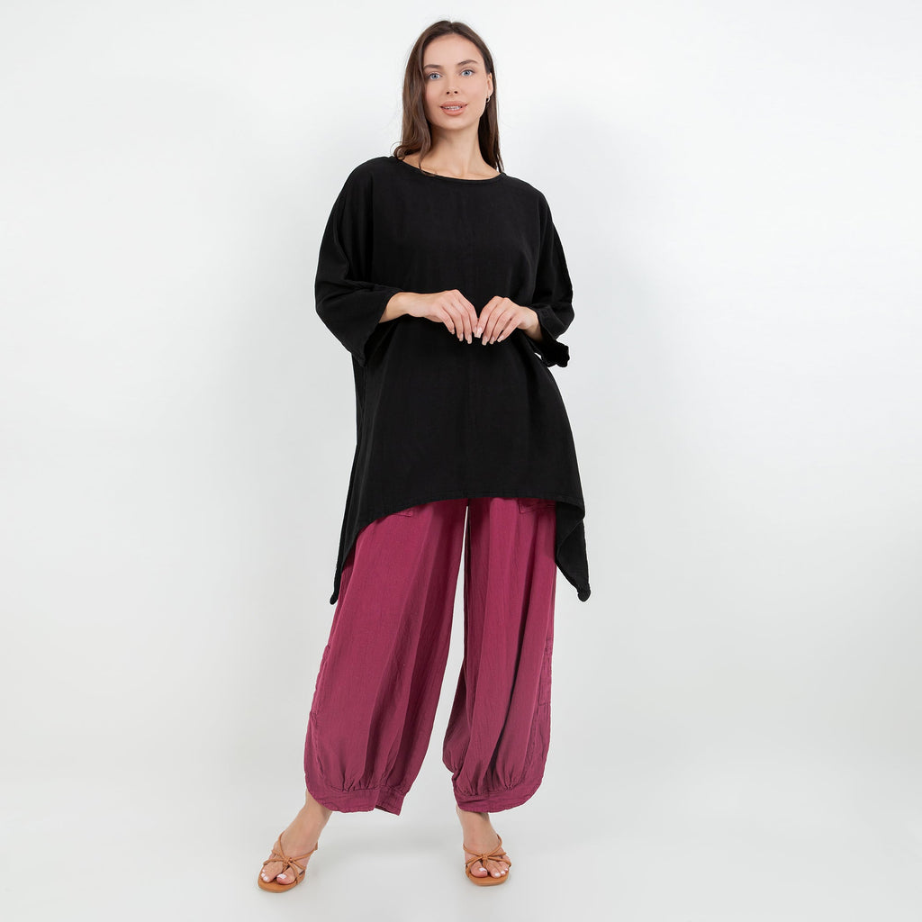 Women's cotton gauze top, black, loose boat neck with curved high-low hem