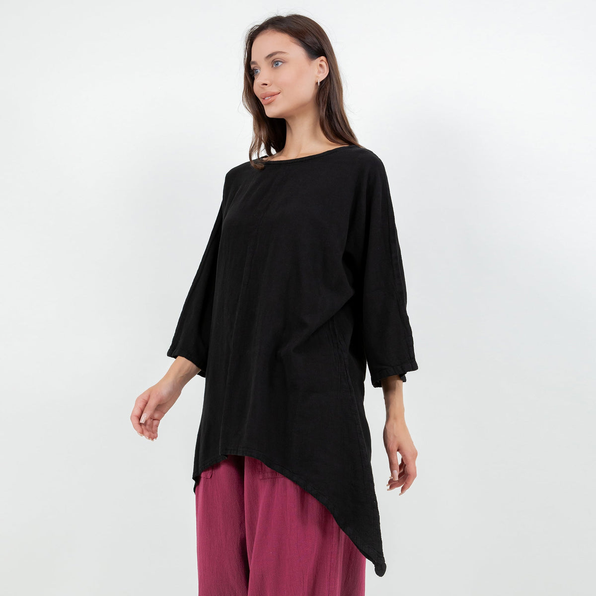 Women's cotton gauze top, black, round boat neck and elbow-length draped sleeves