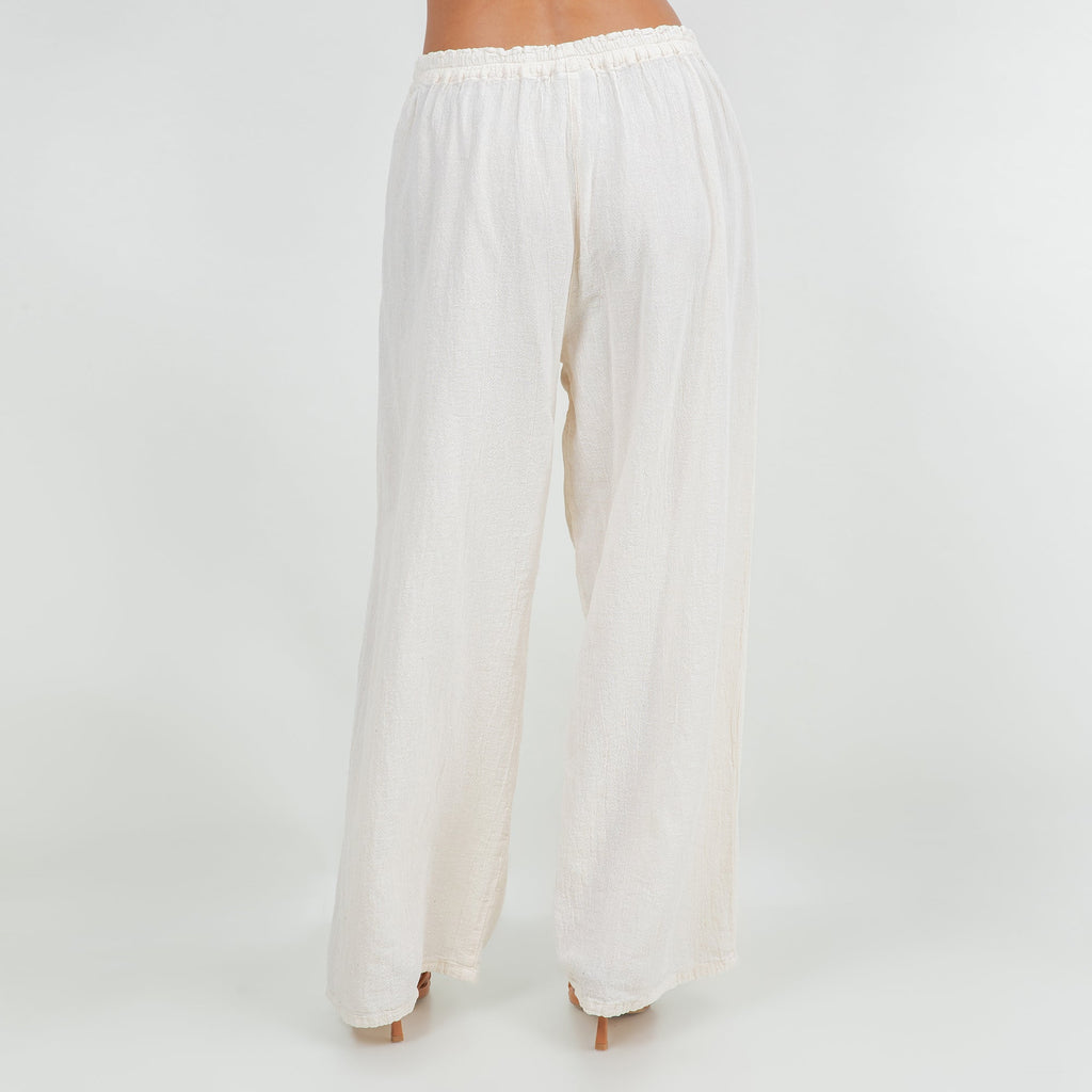 White cotton gauze pull-on wide-leg pants with elastic waistband