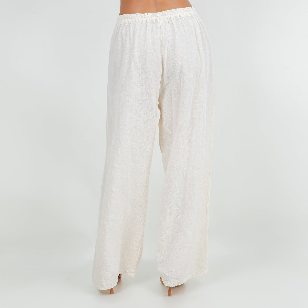 White cotton gauze pull-on wide-leg pants with elastic waistband