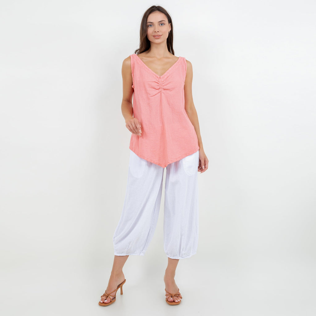 Women’s coral pink cotton gauze tank top, V-neck ruched center, sleeveless