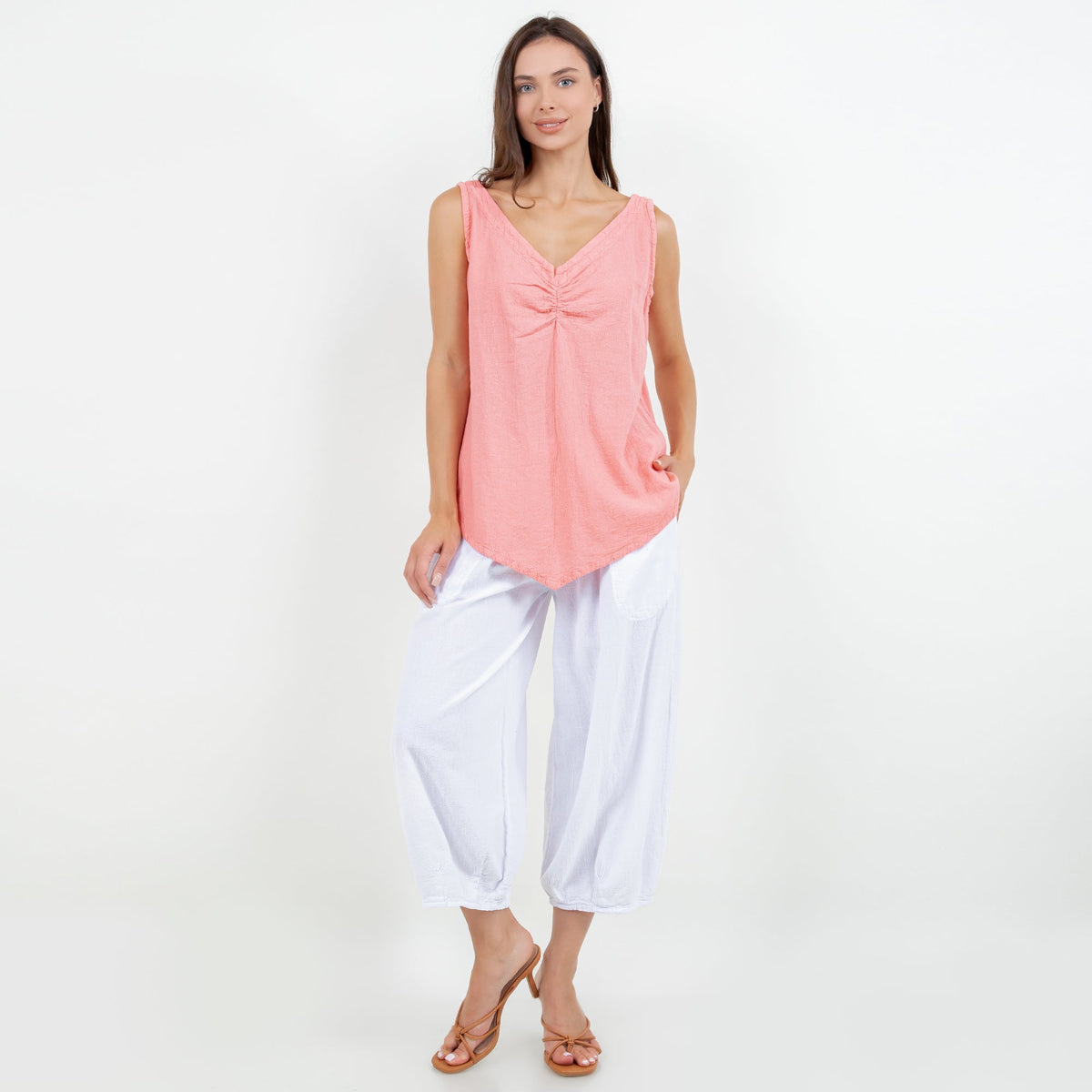 Women’s cotton gauze tank top in coral pink, V-neck with gathered center, sleeveless