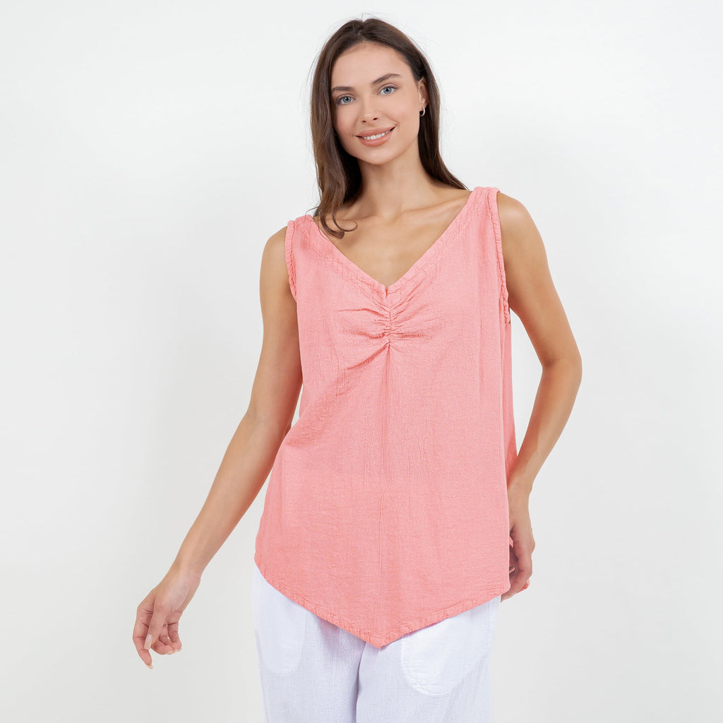 Women’s cotton gauze tank top in coral pink, sleeveless with V-neck pleat detail