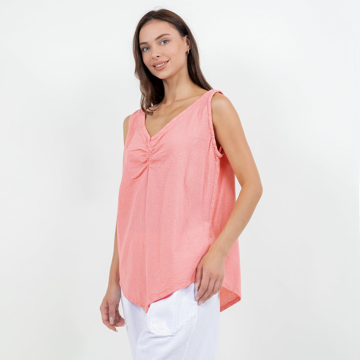 Women’s coral pink cotton gauze tank top, close view of V-neck ruched center