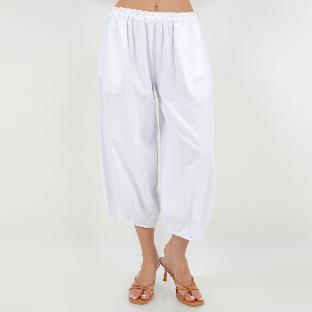 White cotton gauze capri pants with elastic waist, airy drape, gathered cuffs