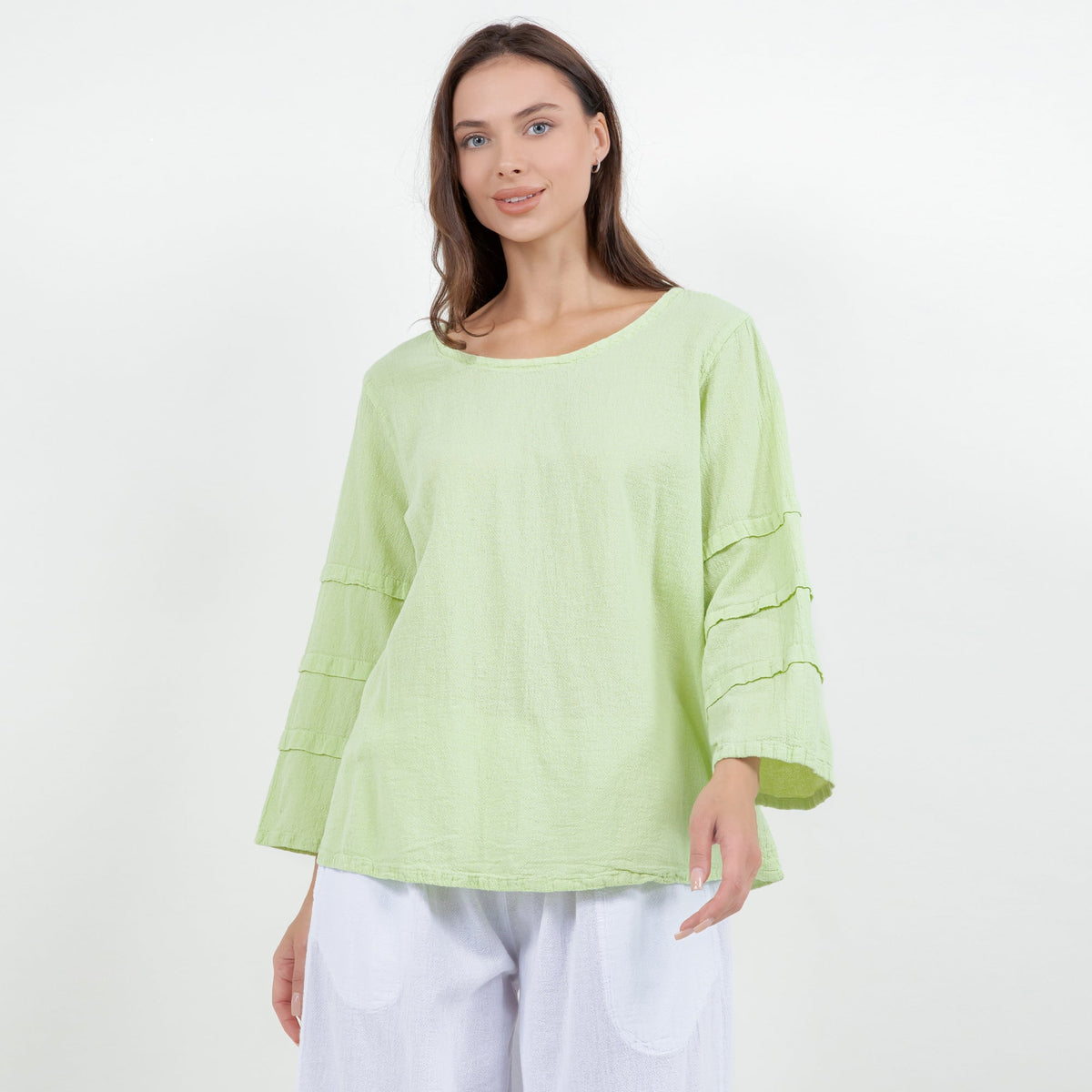 Light green cotton gauze sabrina top with bateau neckline and tiered 3/4 sleeves