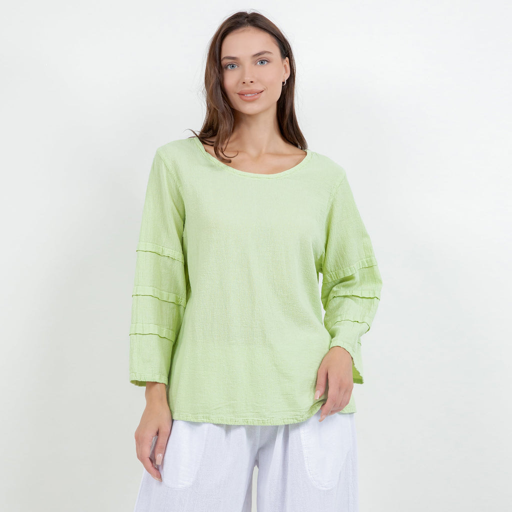 Lime green cotton gauze sabrina top, three-quarter sleeves with ruffled elastic cuffs