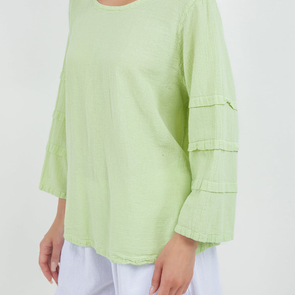 Lime green cotton gauze sabrina top with tiered, elastic cuffed sleeves
