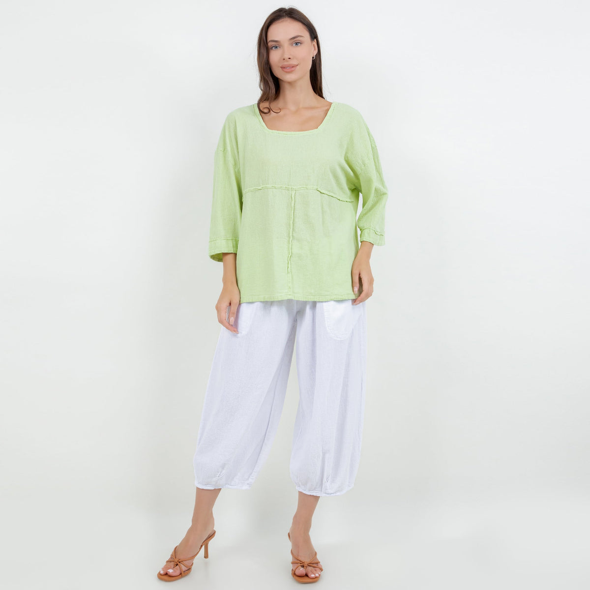 Lime green cotton gauze peasant top with square neckline, 3/4 sleeves, relaxed fit
